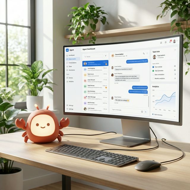 Inklue connected to an ultrawide monitor, keyboard, and mouse — a full desktop powered by a tiny device